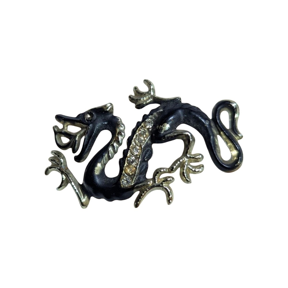 Vintage Dragon Brooch Black Enamel Gold Tone Rhinestone Mythical Pin 1.5 Inch